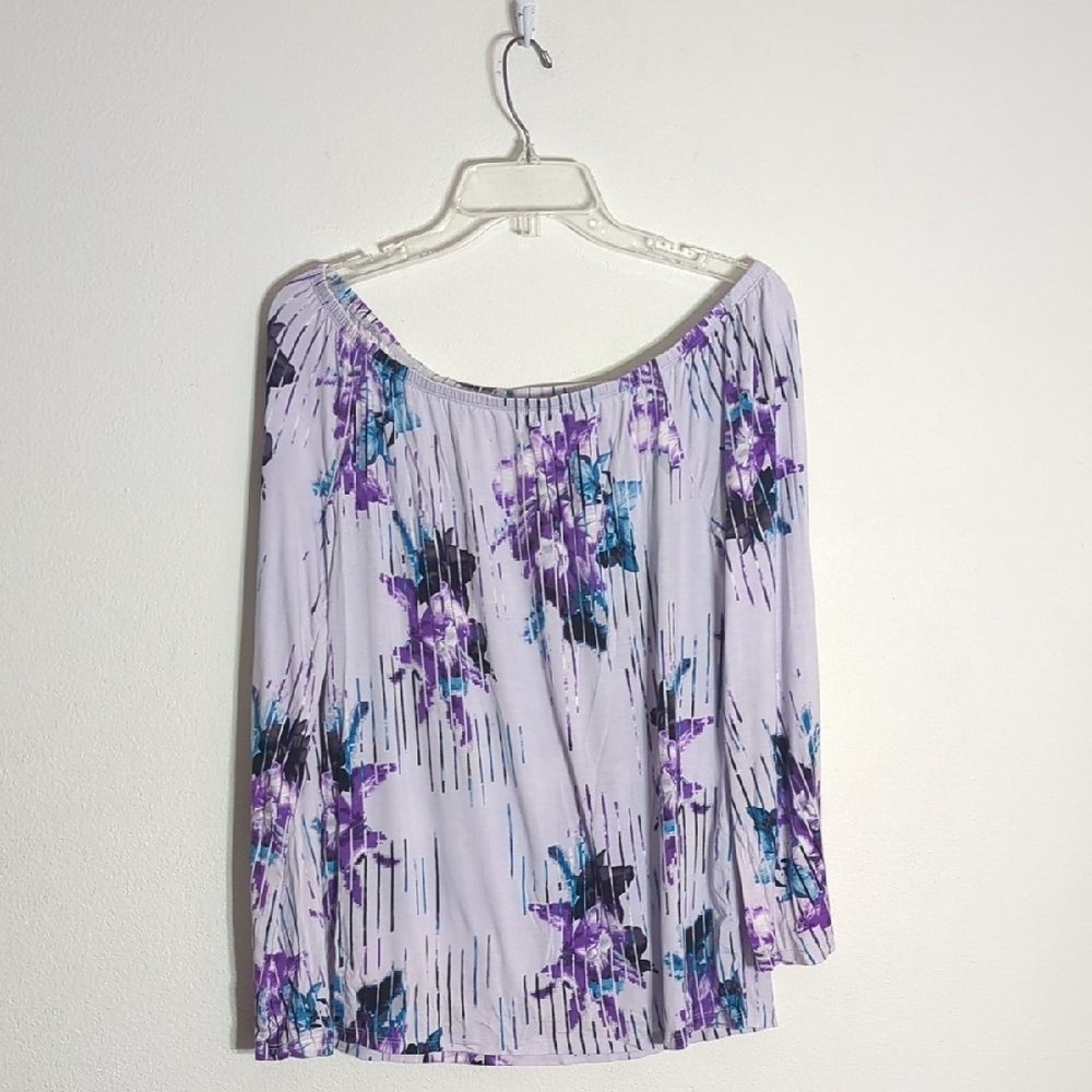 White‎ House Black Market Womens Shirt Floral Off Shoulder Purple Peasant Large